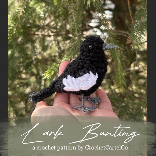 Crochet pattern for a crochet lark bunting. The bird is being held and is displayed with a blurred green background
