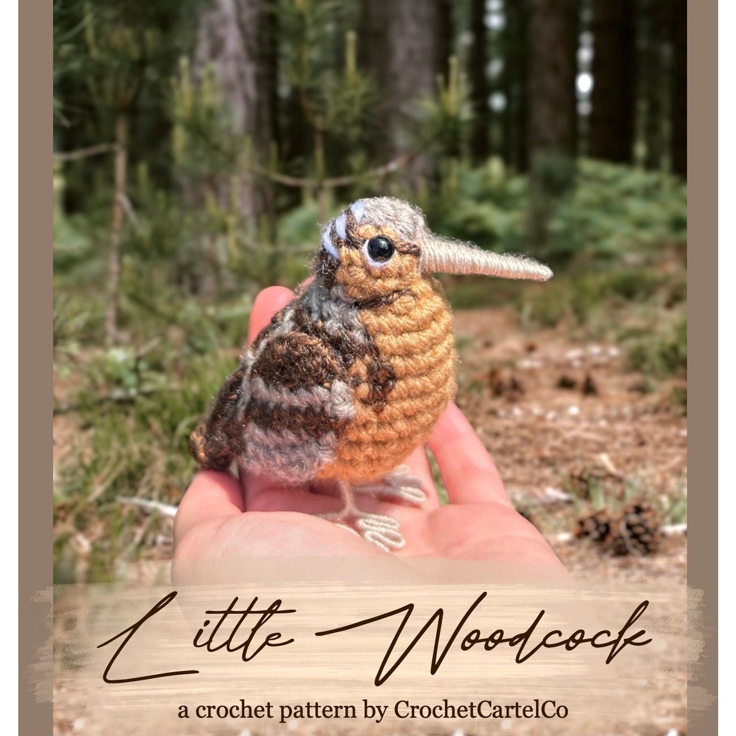 Crochet pattern for a woodcock held in a hand with a forest background, featuring the brand 'CrochetCartelCo'.