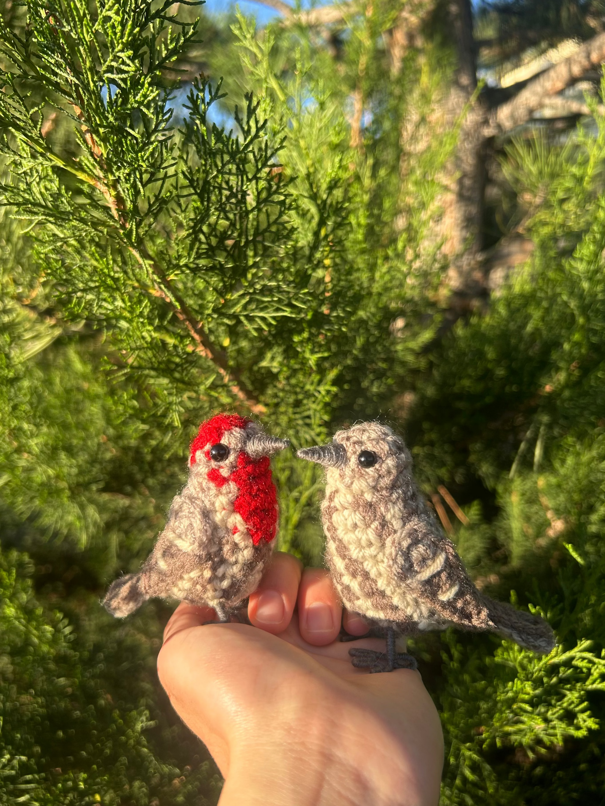 Two small bird figurines held in a hand with a natural background of greenery.