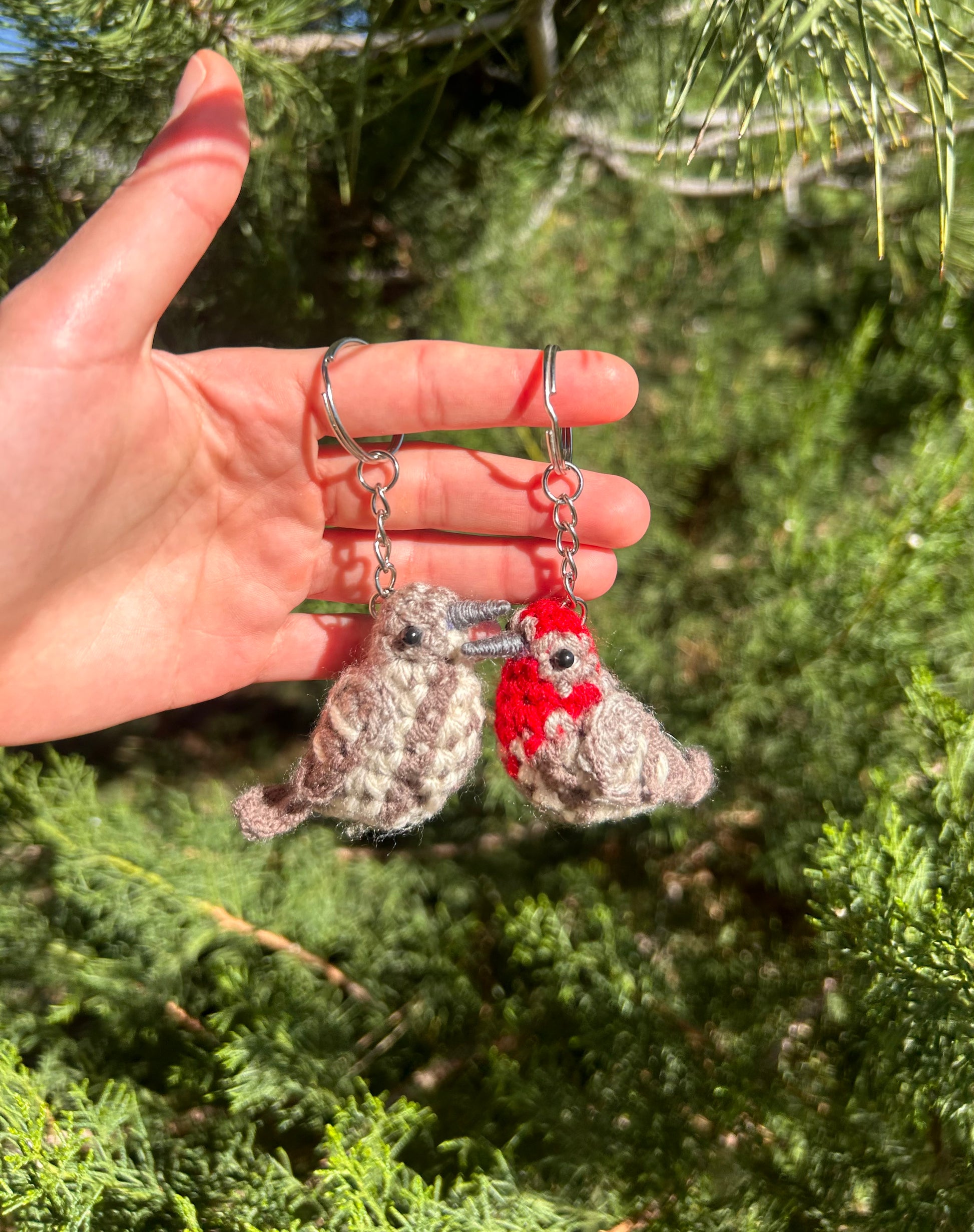 Hand holding two bird-shaped keychains with a green outdoor background