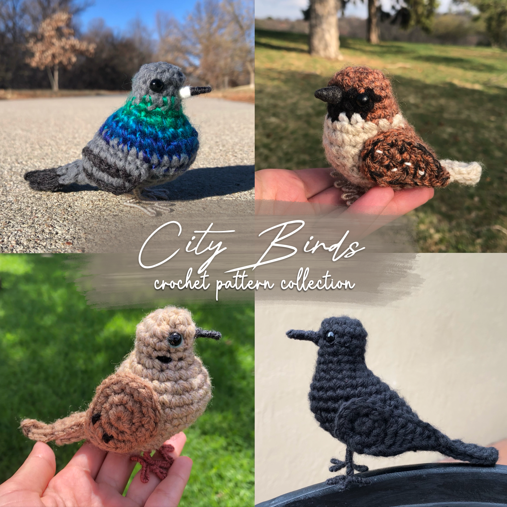 Collage of four crochet birds in different colors with 'City Birds crochet pattern collection' text.