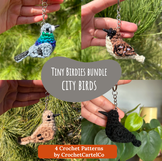 Collage of four crochet bird keychains held by a hand with greenery in the background, featuring 'Tiny Birdies Bundle City Birds' by CrochetCartelCo.