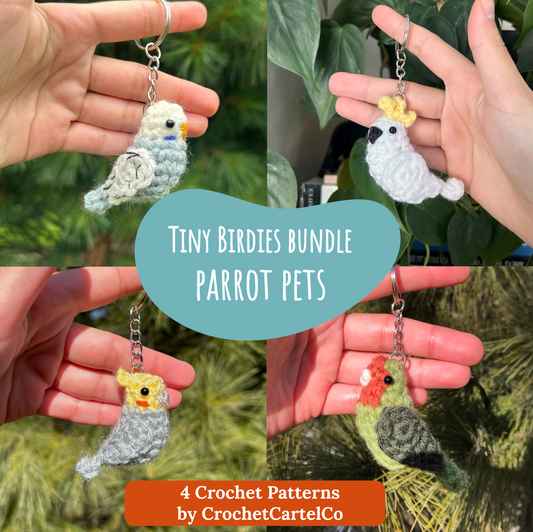 Collage of hands holding crochet parrot keychains with text about a bundle of crochet patterns.