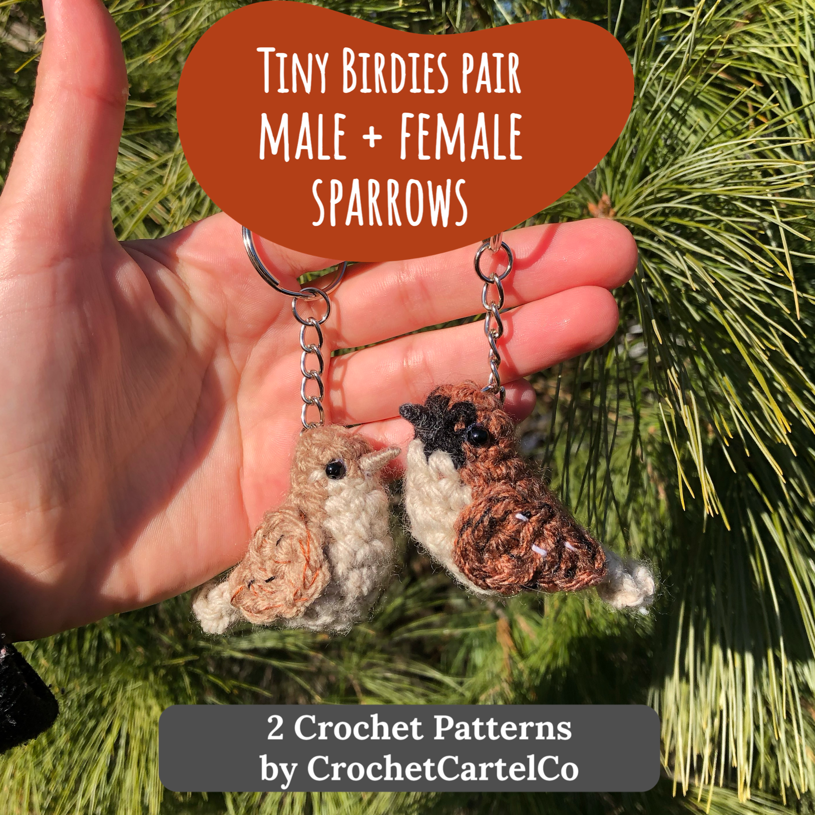 Two crochet bird keychains held in a hand with a tree background, featuring text about crochet patterns by CrochetCartelCo.