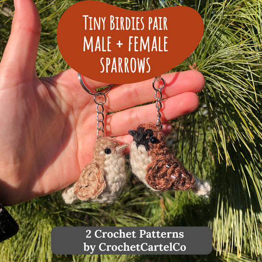 Two crochet bird keychains held in a hand with a tree background, featuring text about crochet patterns by CrochetCartelCo.