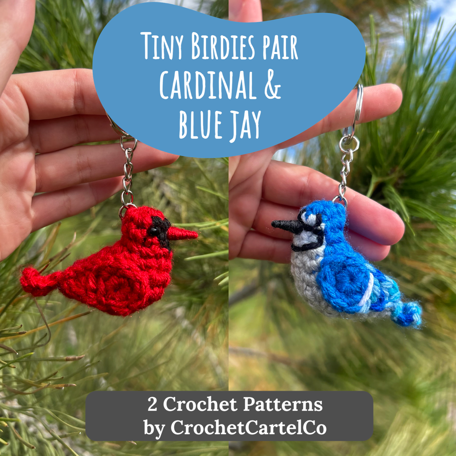 Two crochet bird keychain crochet patterns, one red and one blue, held in a hand with a natural background.