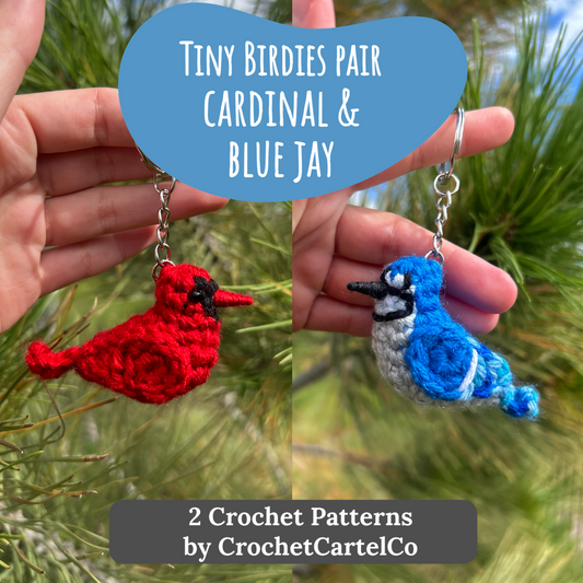 Two crochet bird keychain crochet patterns, one red and one blue, held in a hand with a natural background.