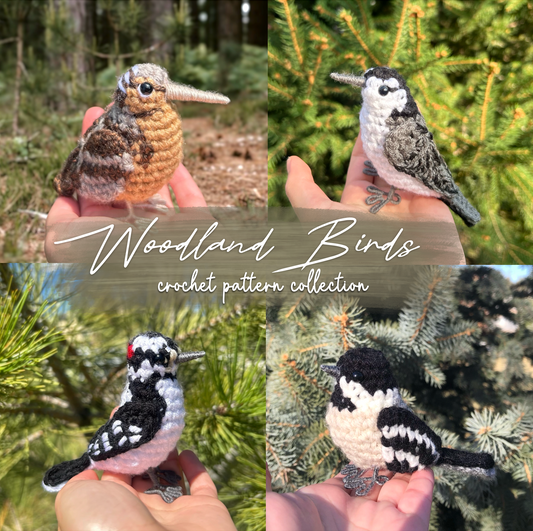Collage of four crochet woodland bird patterns held against a natural background.