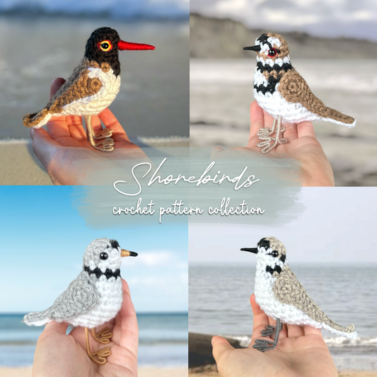 Collage of crochet shorebird patterns held in hands with a beach background.