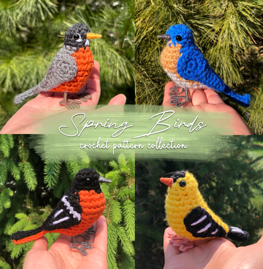 Four crocheted birds held in hands against a green leafy background, with text 'Spring Birds crochet pattern collection'.