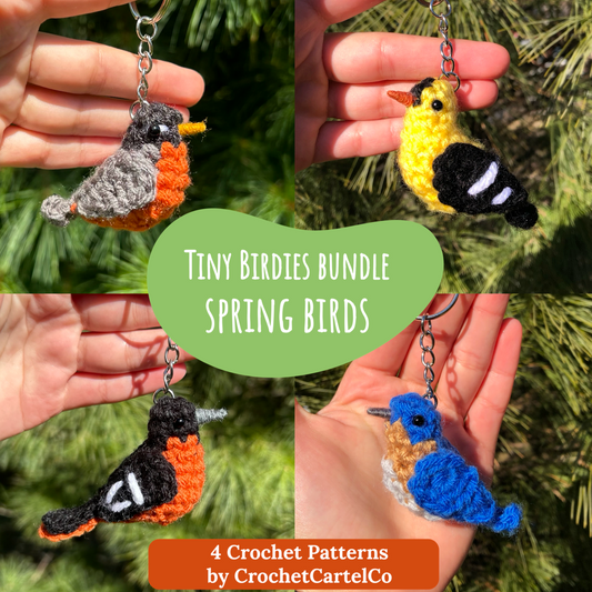 Collage of four crochet patterns for bird keychains held by hands with a green leafy background.
