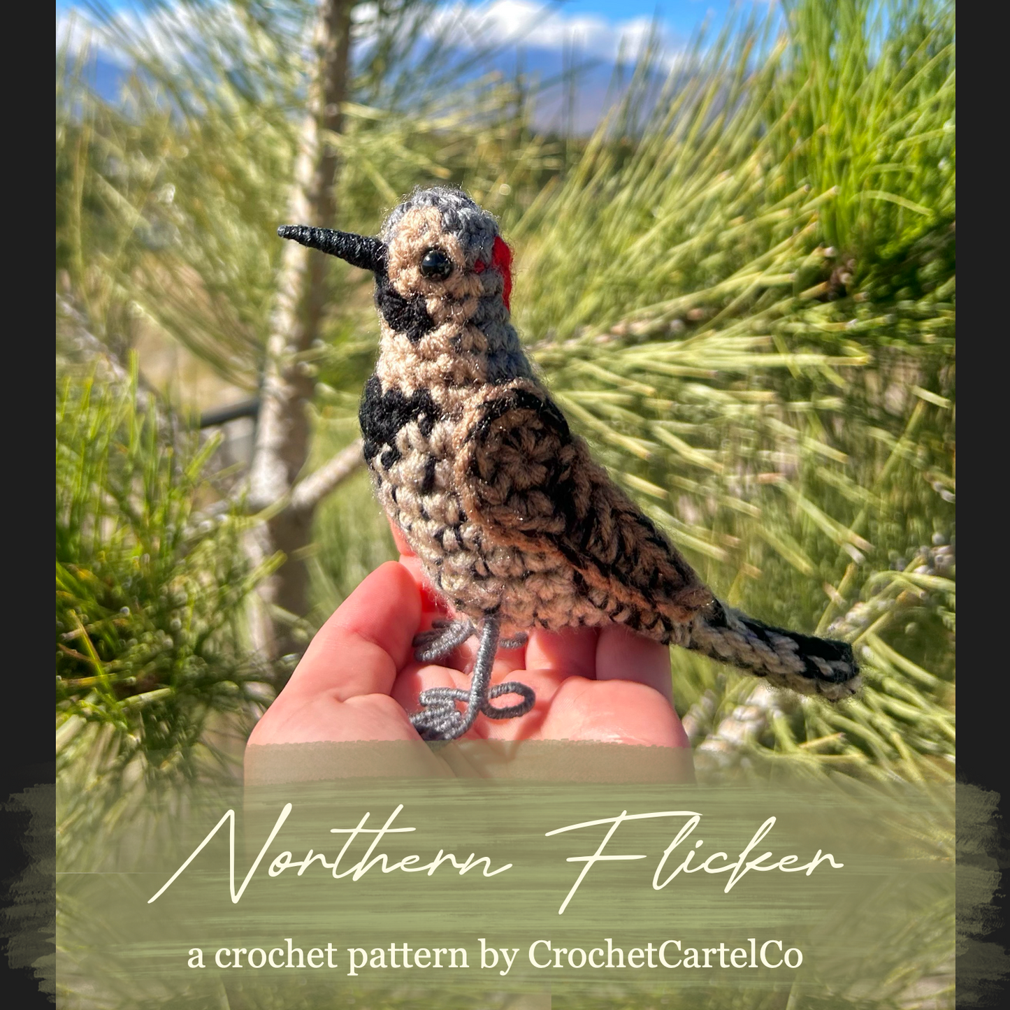 Crocheted Northern Flicker crochet pattern shown held in a hand with a natural background