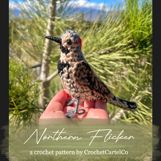 Crocheted Northern Flicker crochet pattern shown held in a hand with a natural background