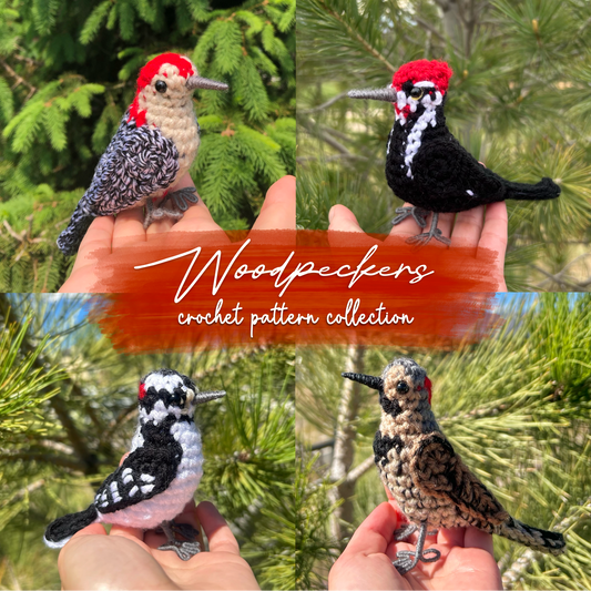 Collage of four crochet woodpecker patterns held against a natural background with 'Woodpeckers crochet pattern collection' text.