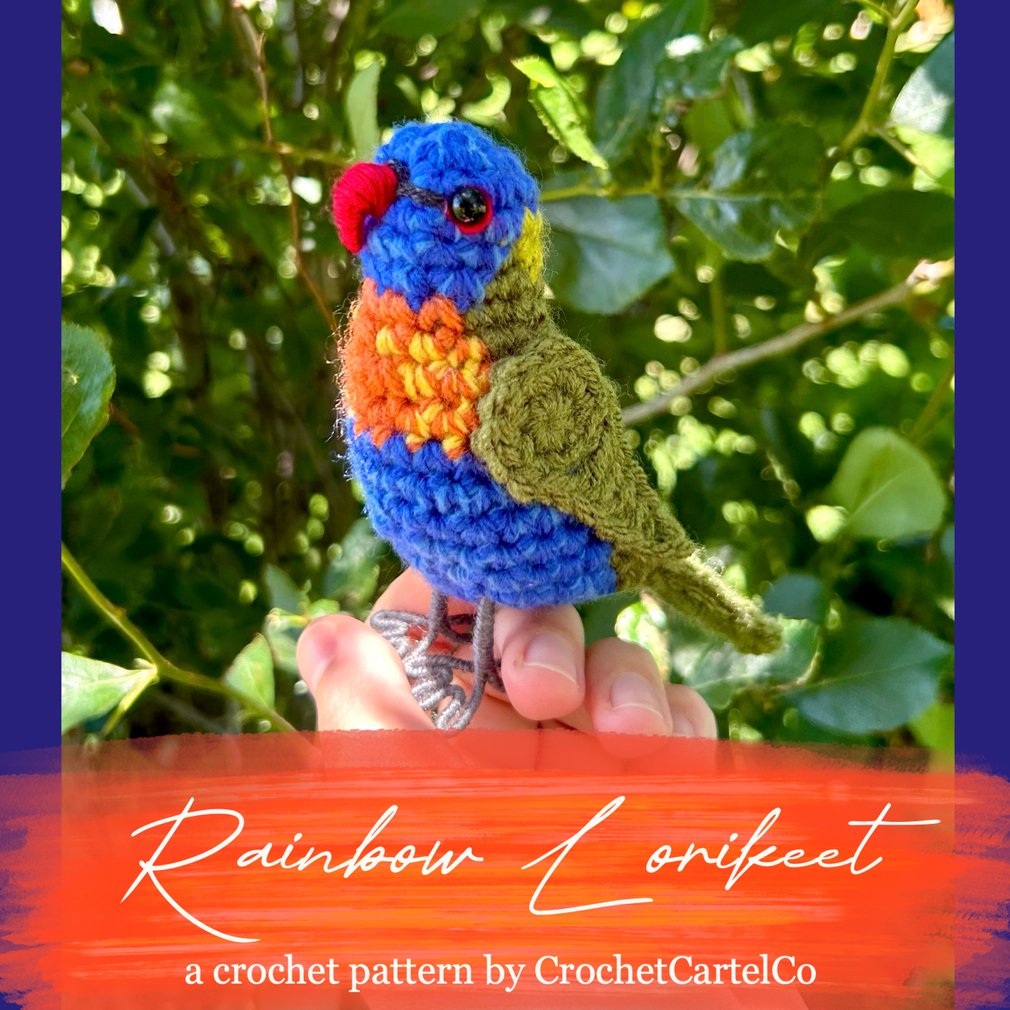 A crochet pattern for a rainbow lorikeet is shown against a green background