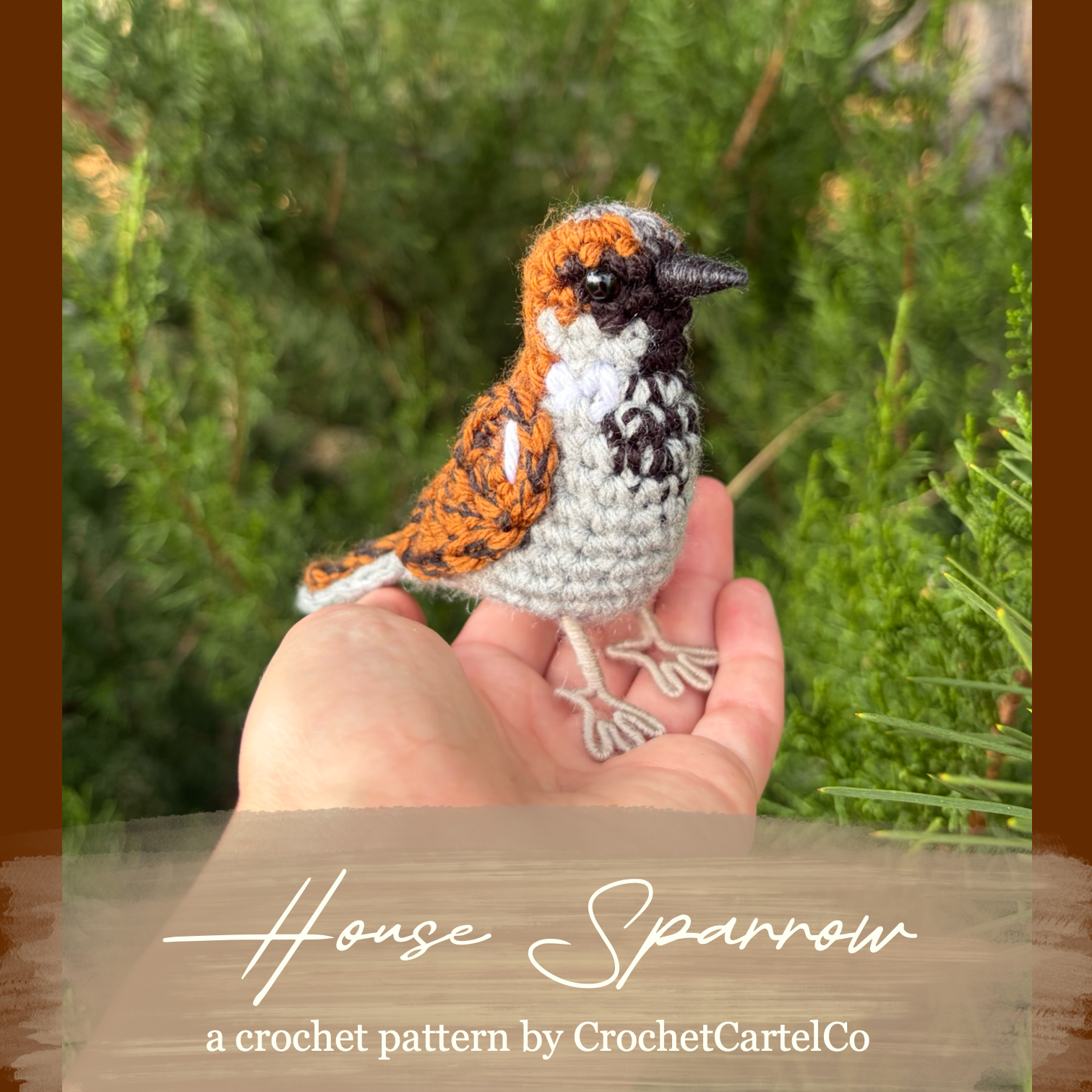 A hand holding a small crocheted bird figurine with brown, white, and black coloring, set against a blurred green outdoor background. A brown banner at the bottom reads 'House Sparrow' and 'a crochet pattern by CrochetCartelCo'.