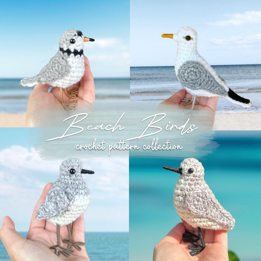 Collage of crochet beach bird patterns held by hands with a scenic background.