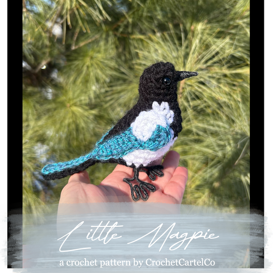 Crochet pattern for a bird, shown held in a hand with a natural background, featuring the brand 'CrochetCartelCo'.