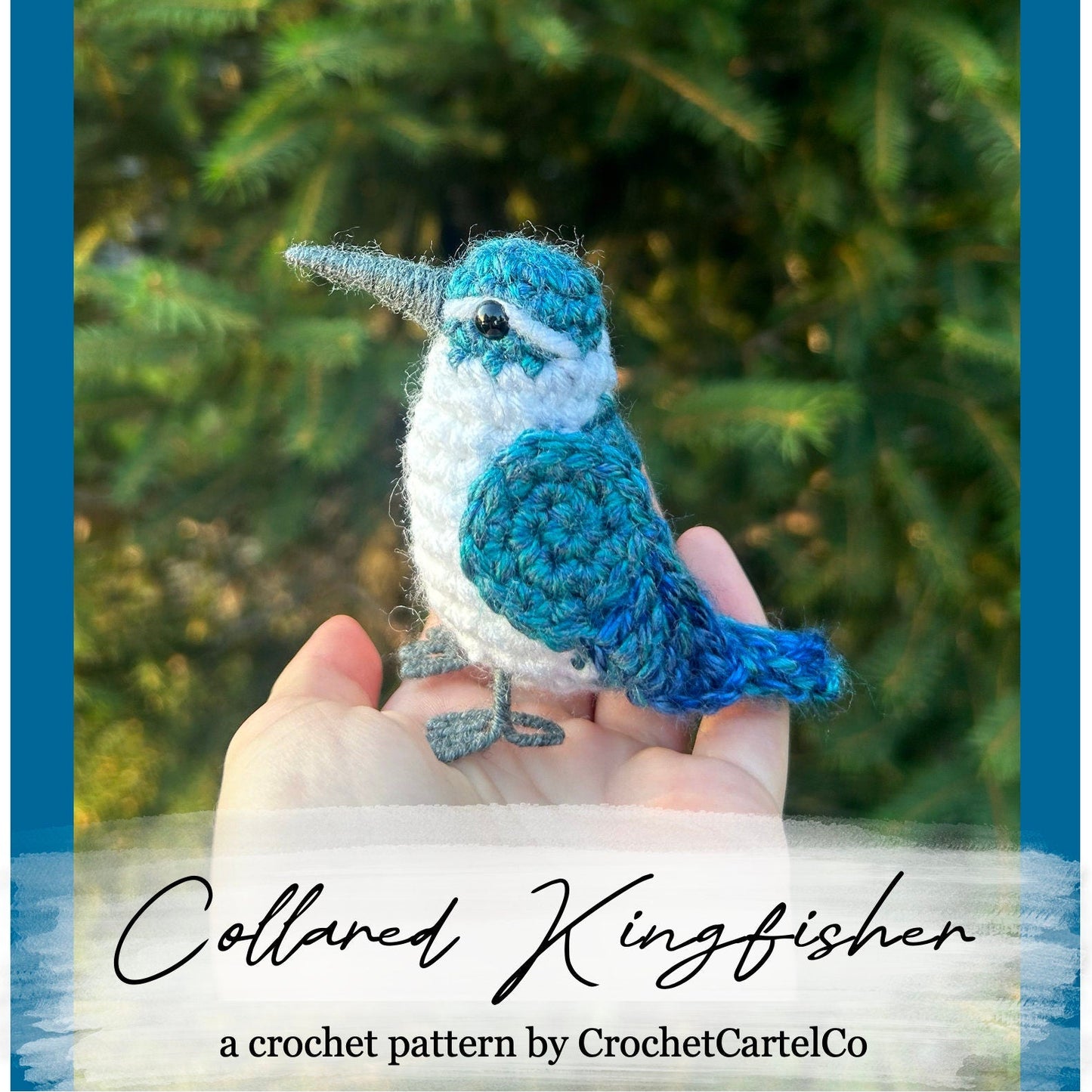 Crocheted collared kingfisher crochet pattern shown held in a hand with a natural background