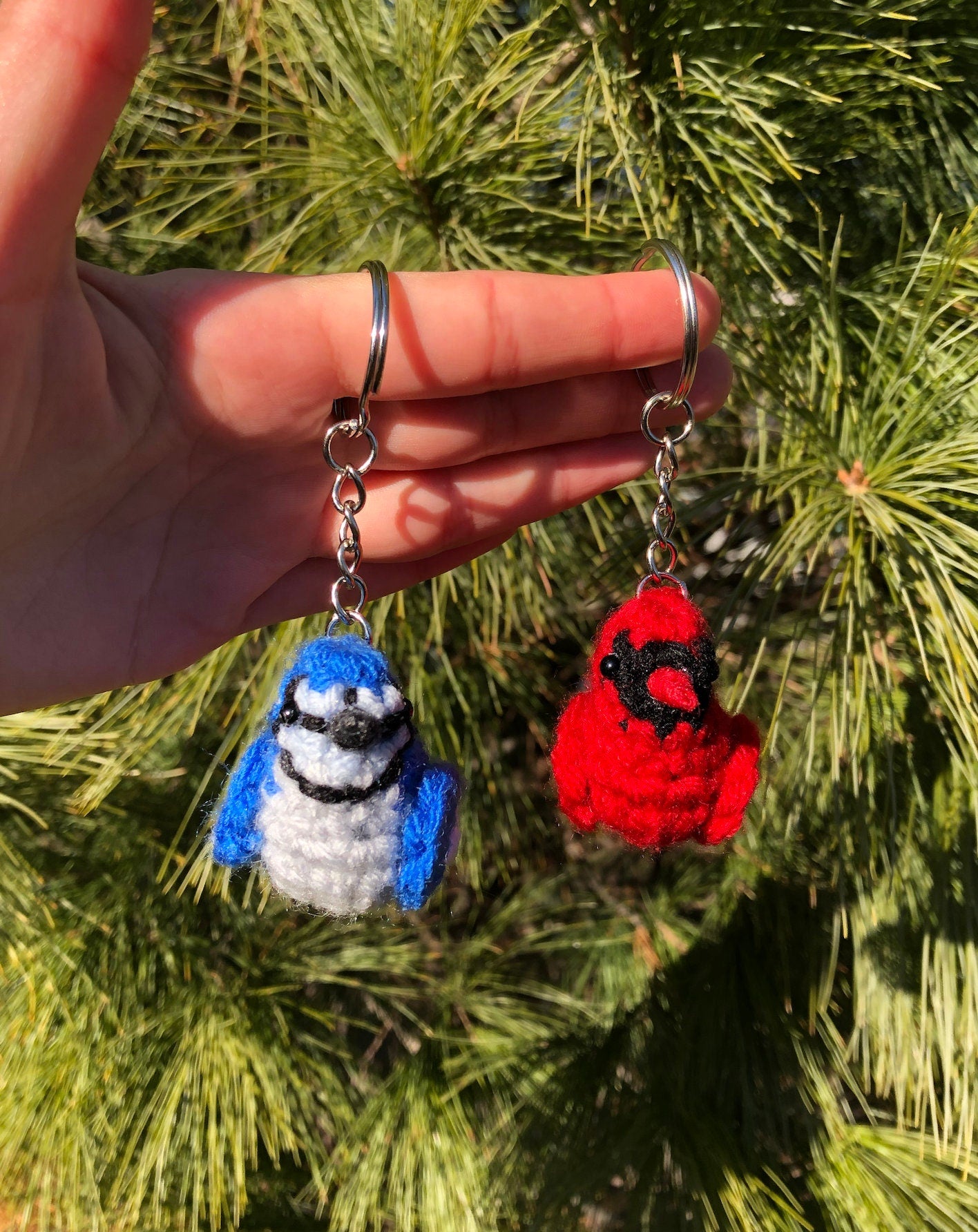 Tiny Birdies Crochet Blue jay & Cardinal Keychain
