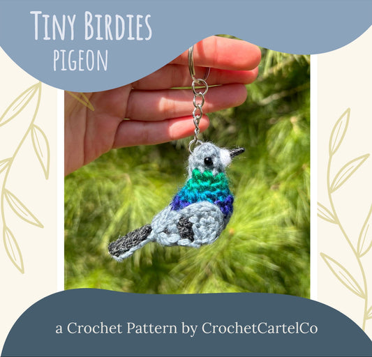 Crocheted pigeon keychain crochet pattern, shown held by a hand with a natural background