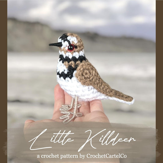 Crocheted Little Killdeer pattern, shown held in a hand with a beach background, featuring the brand 'CrochetCartelCo'.