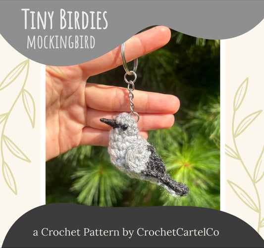 Crochet mockingbird keychain crochet pattern, shown with a natural background