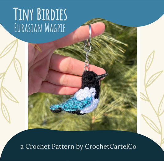 A crochet Eurasian Magpie keychain crochet pattern shown with a natural background