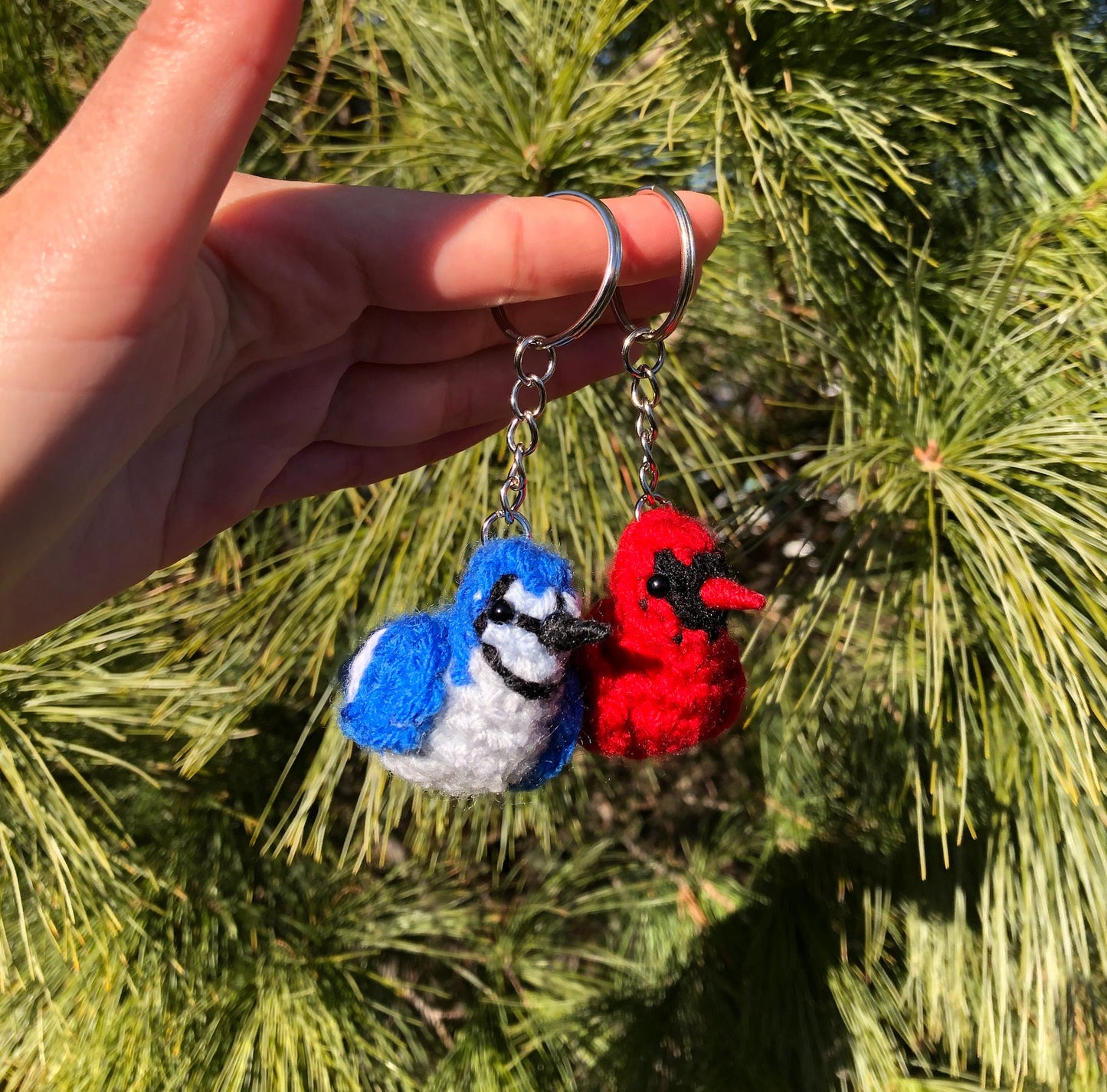 Tiny Birdies Crochet Blue jay & Cardinal Keychain