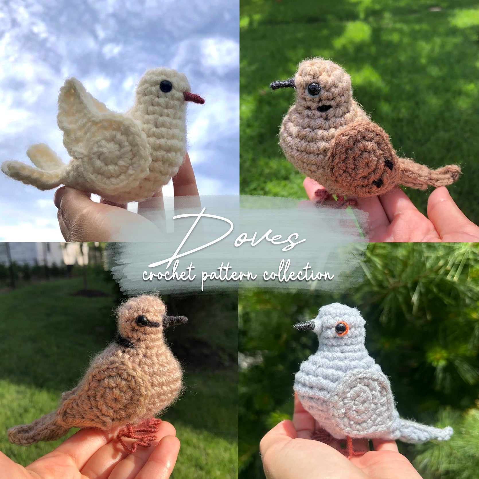 Collage of crocheted dove patterns held in hands with outdoor backgrounds.
