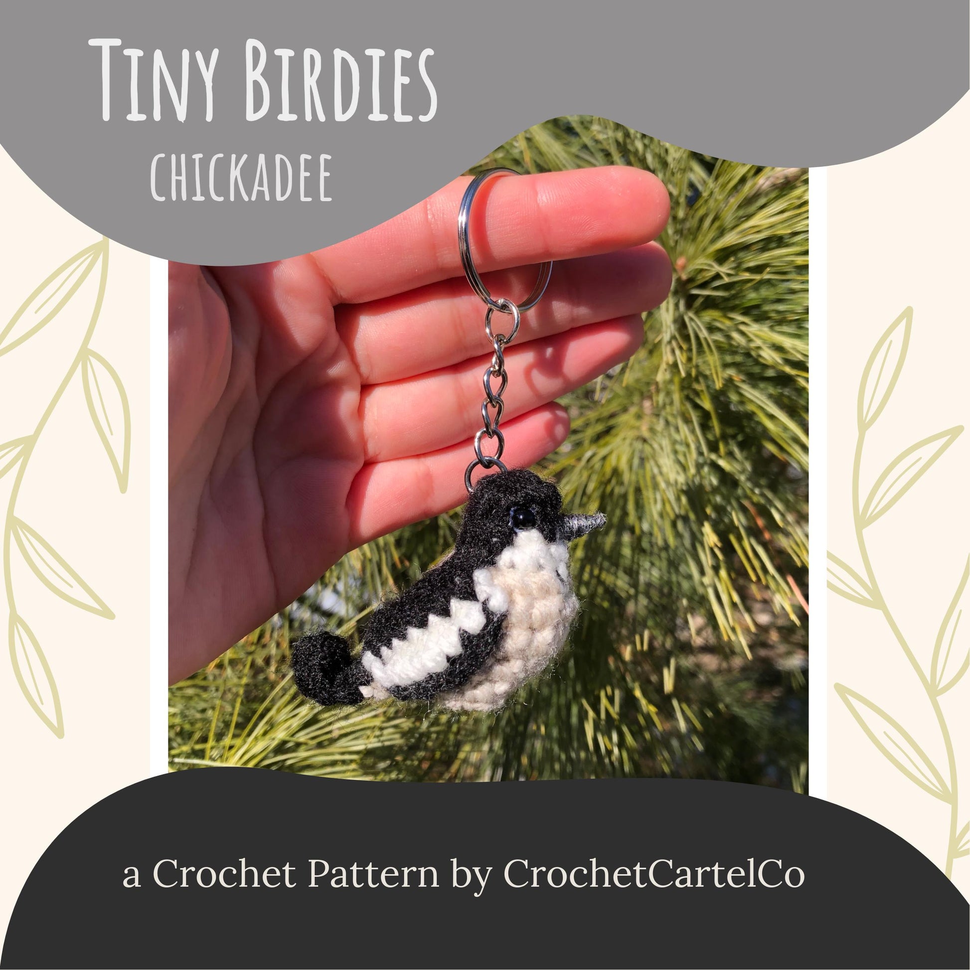 crochet chickadee keychain pattern shown with a natural background