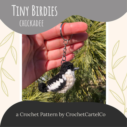 crochet chickadee keychain pattern shown with a natural background