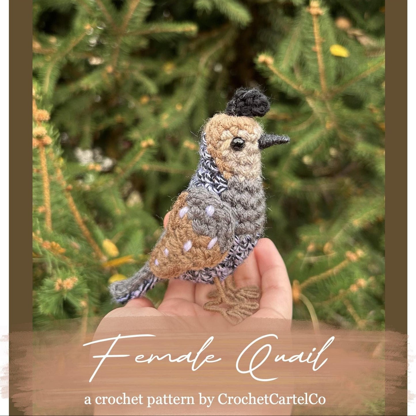 Crocheted female quail crochet pattern shown held in a hand with a blurred green background