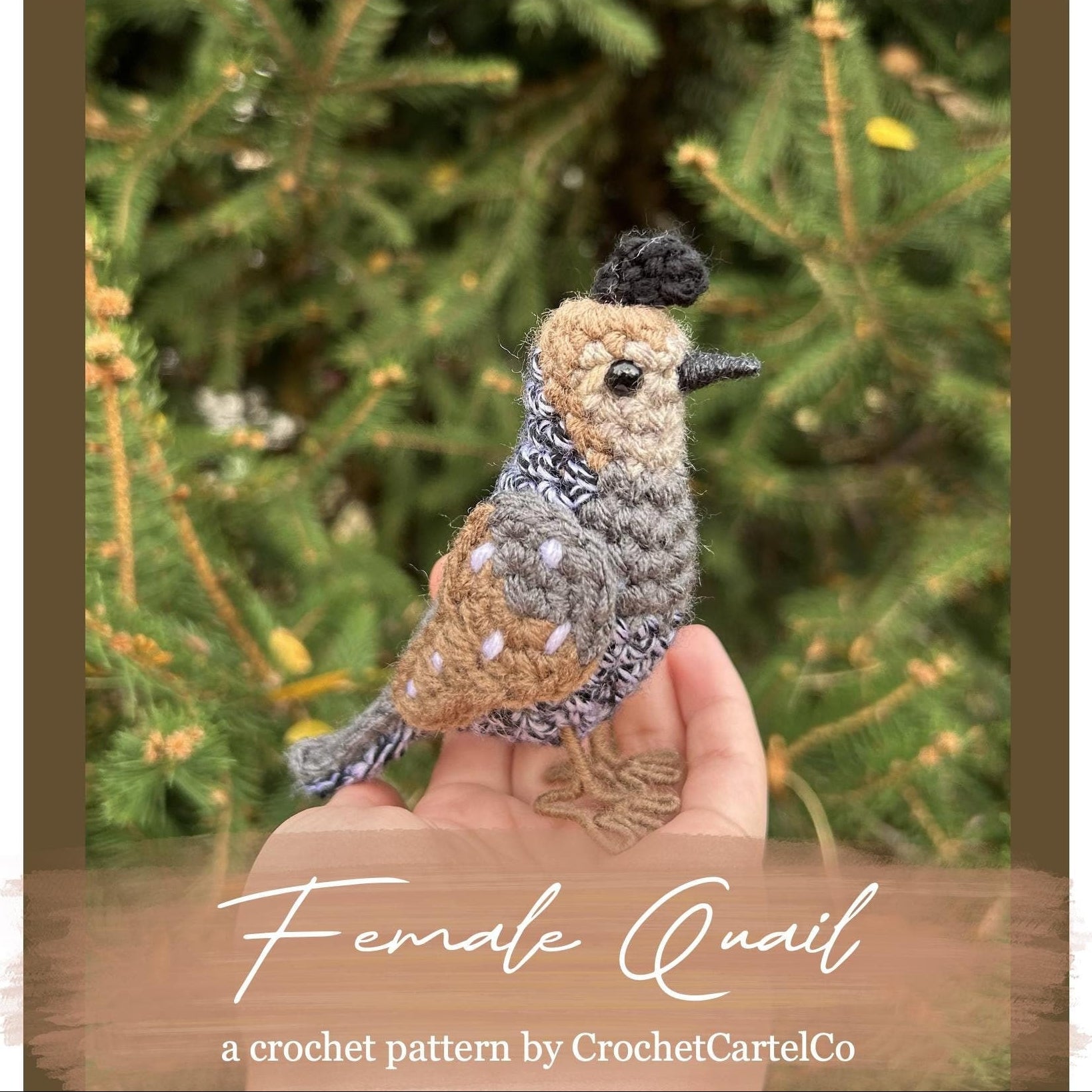Crocheted female quail crochet pattern shown held in a hand with a blurred green background