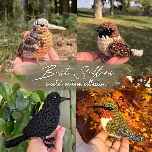 Collage of four crochet bird patterns held in hands with a 'Best Sellers' text overlay.