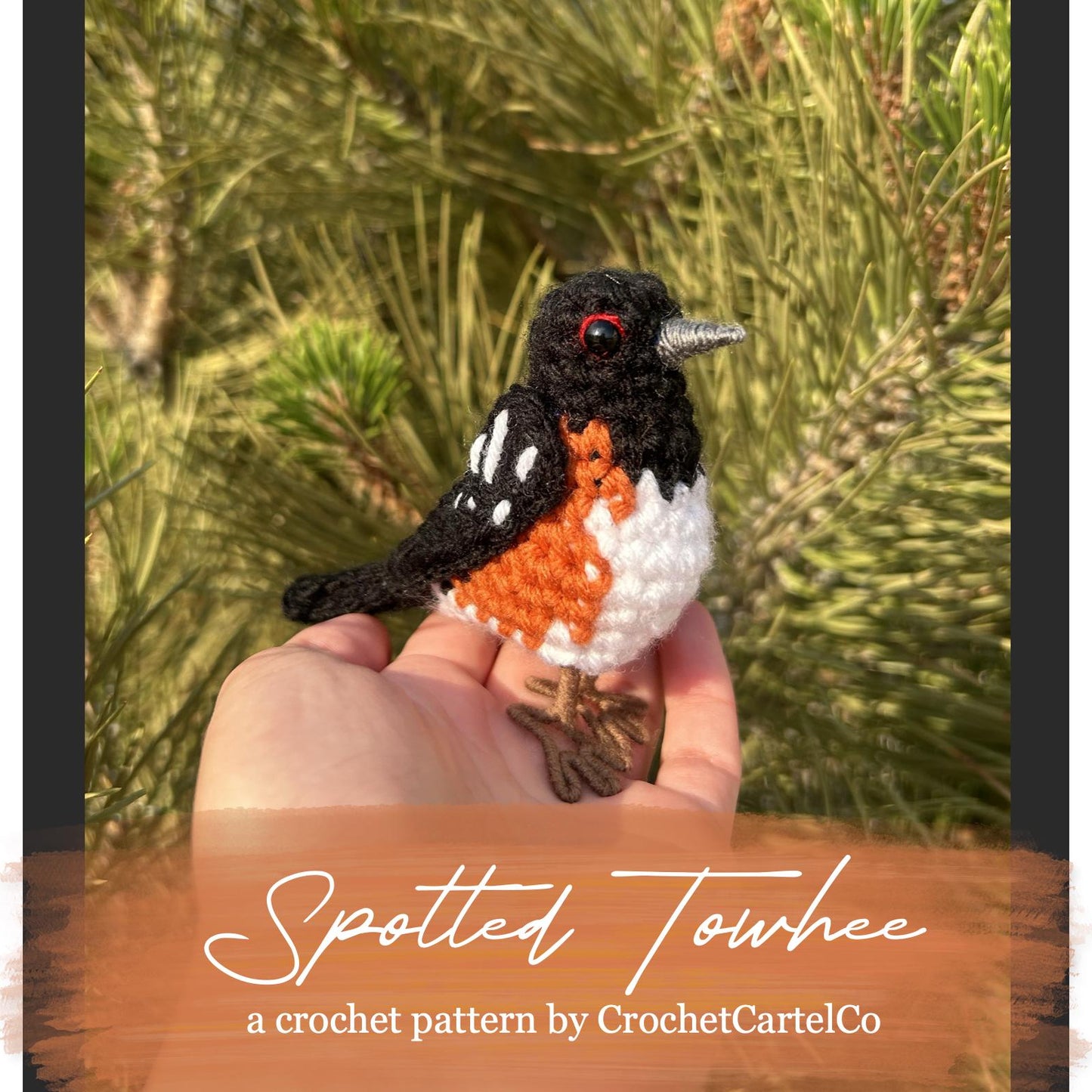 Pattern for a crocheted spotted towhee bird, shown with a natural background