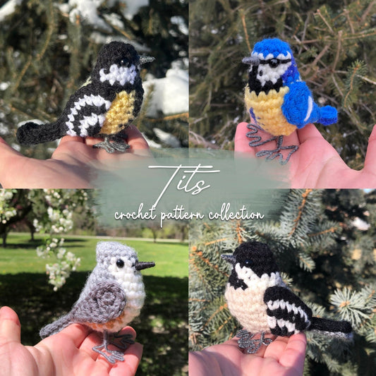 Collage of four crochet bird patterns held in hands with a natural background.