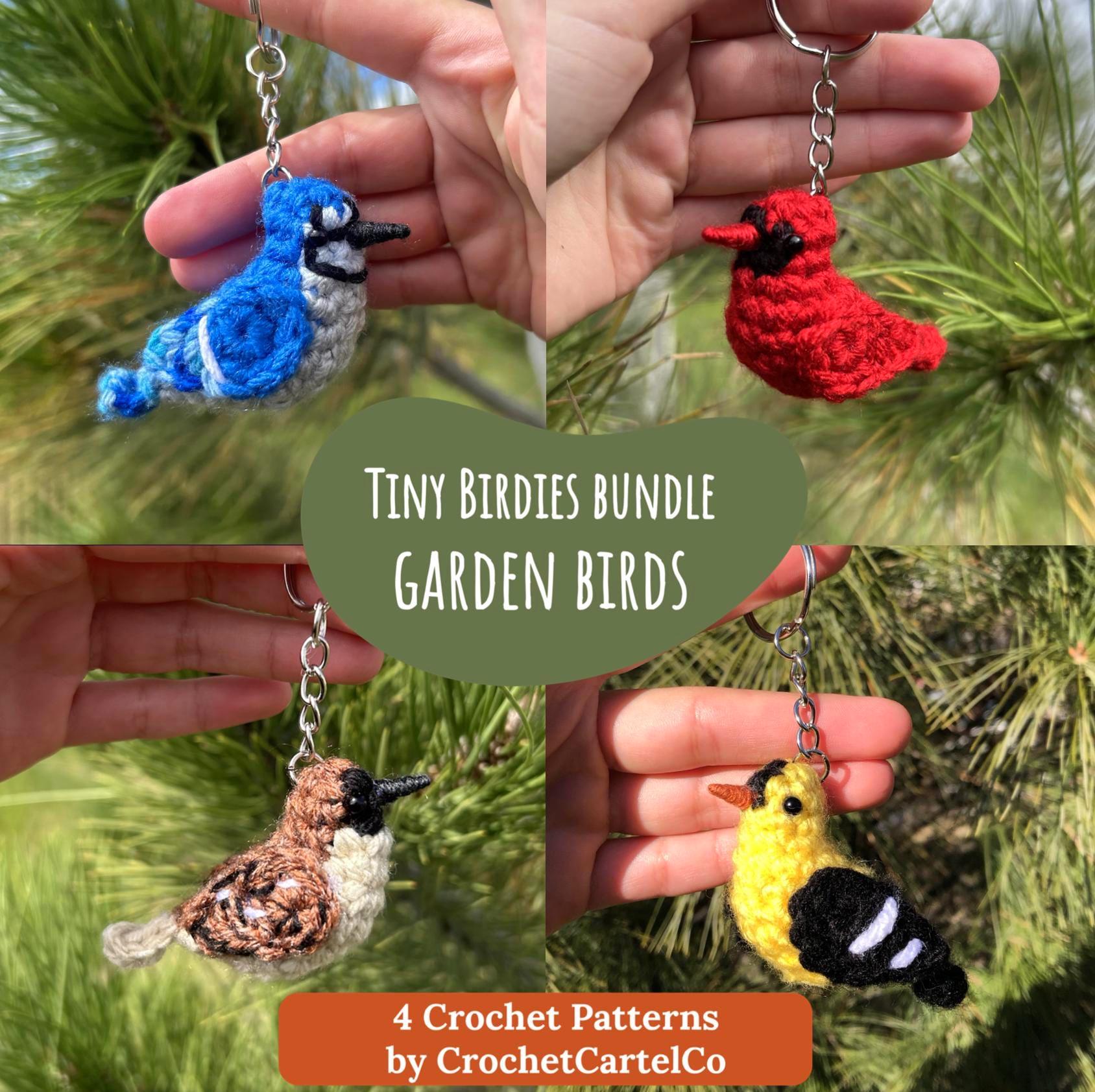 Four crochet bird keychain crochet patterns, shown held in hands with a green leafy background, featuring 'Tiny Birdies Bundle Garden Birds' by CrochetCartelCo.