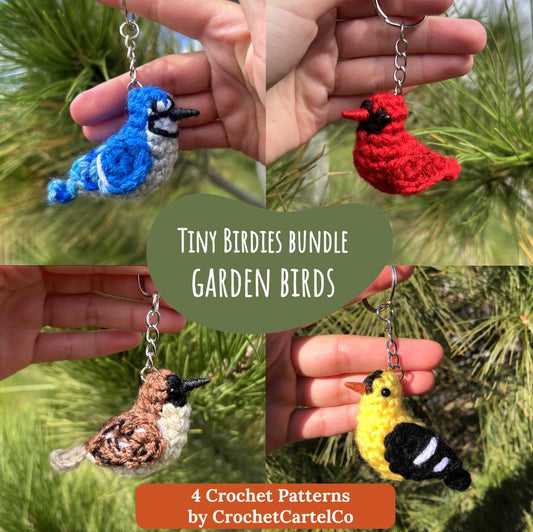 Four crochet bird keychain crochet patterns, shown held in hands with a green leafy background, featuring 'Tiny Birdies Bundle Garden Birds' by CrochetCartelCo.