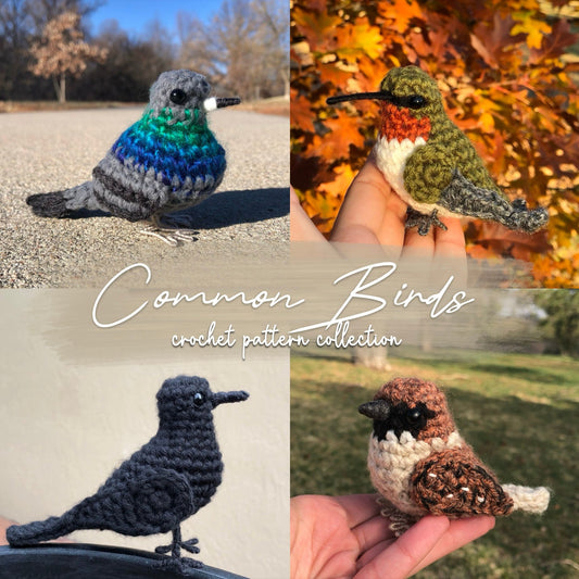 Collage of four crocheted bird patterns with 'Common Birds crochet pattern collection' text.
