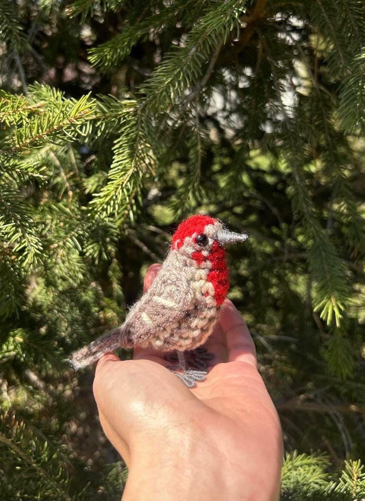 Small bird with a red head perched on a person's hand against a green tree background