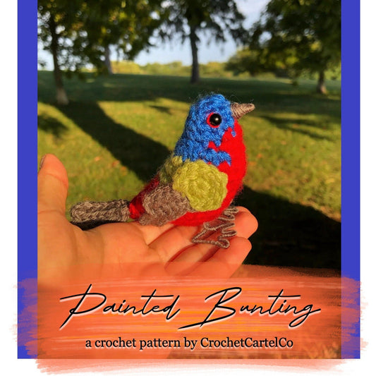 Crochet pattern for a Painted Bunting held in a hand with a natural background
