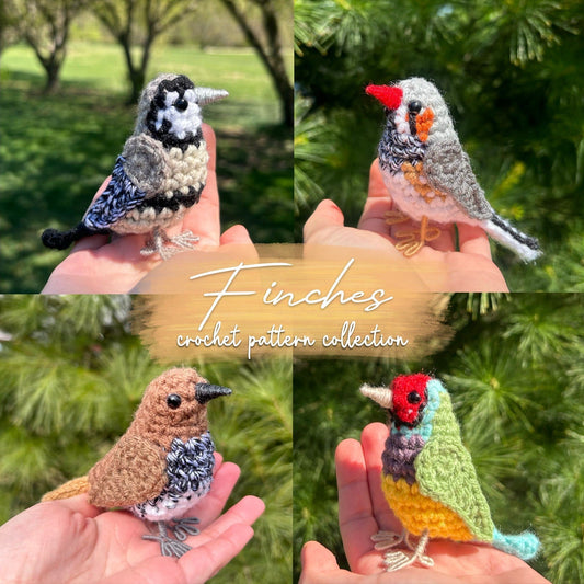 Collage of four crochet bird patterns held in hands with a green outdoor background.