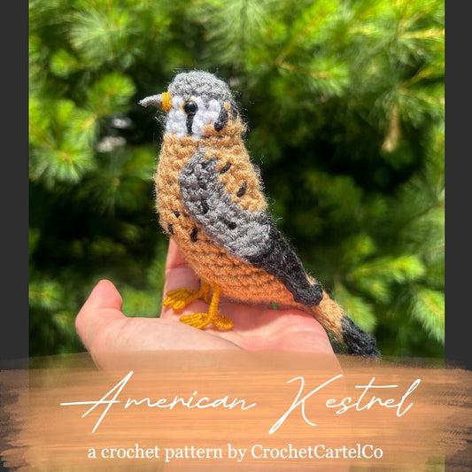 Hand holding a crocheted American Kestrel bird with a blurred green background