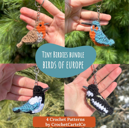 Collage of four crochet bird keychain crochet patterns, shown held in hands with a green leafy background.