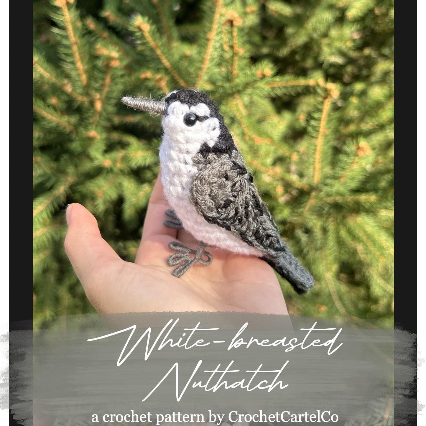 Crochet pattern for a white-breasted nuthatch, shown in a hand with a green background