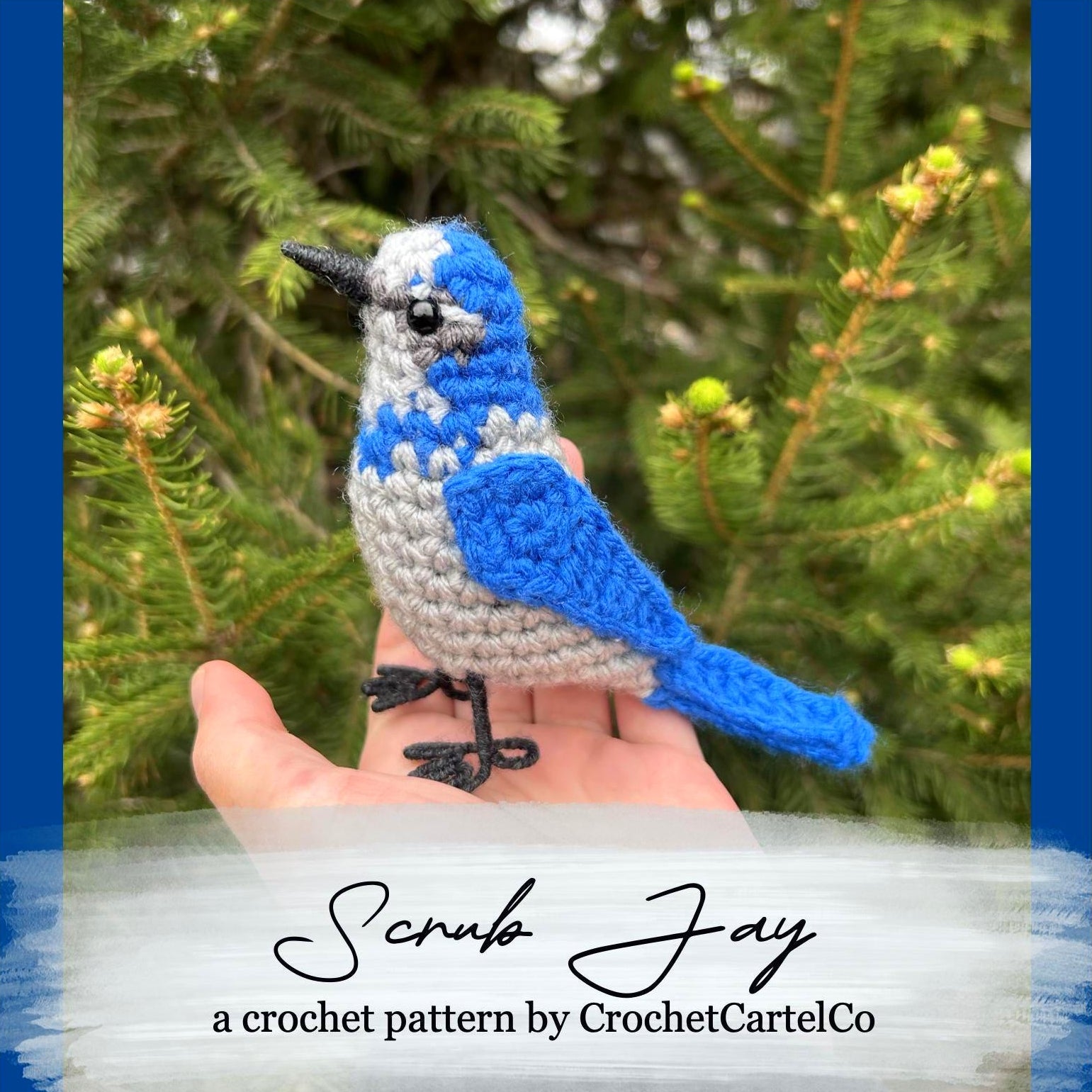 Crocheted scrub jay bird crochet pattern shown held in a hand with a natural background