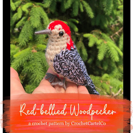 Crochet pattern for a red-bellied woodpecker, shown held in a hand with a green tree background