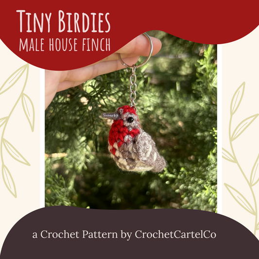 Crocheted male house finch keychain crochet pattern shown held against a green leafy background.