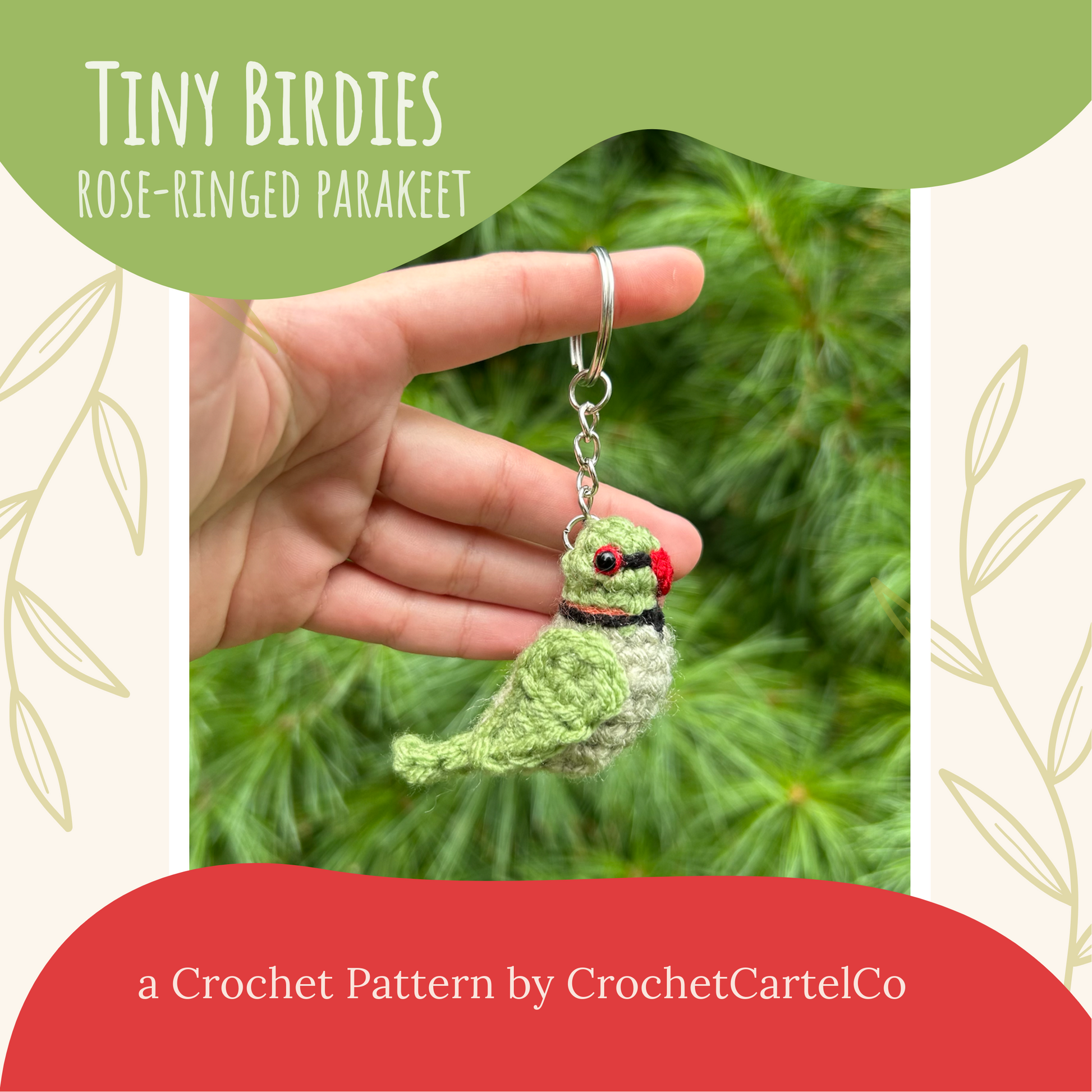 A crochet parakeet keychain crochet pattern shown with a green leafy background